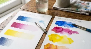 Paper swatches comparing smooth pigment blending of watercolour pencils with vibrant watercolour paint washes.