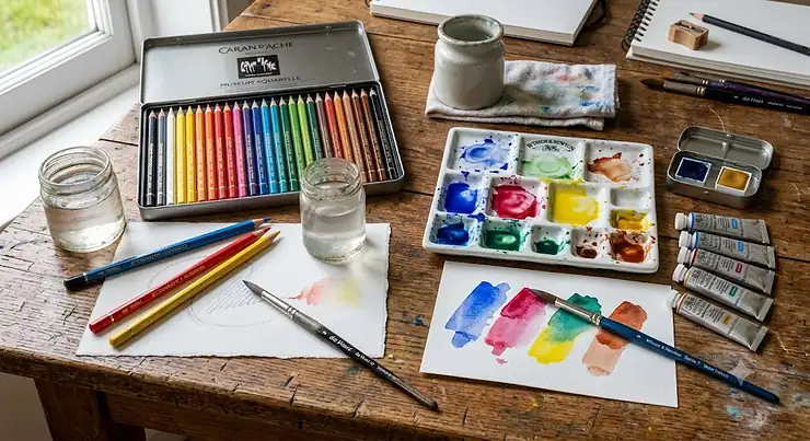 Side-by-side comparison of watercolour pencils and watercolour paints set out on a wooden artist desk.