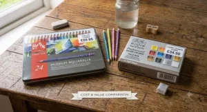 A selection of UK art supplies showcasing a tin of watercolour pencils alongside a watercolour paint starter set.
