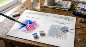 Demonstration of wet-on-wet technique using watercolour paints contrasted with dry watercolour pencil drawing activated by a damp brush.
