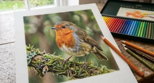 Detailed wildlife illustration of a British robin drawn using fine layers of oil based coloured pencils.