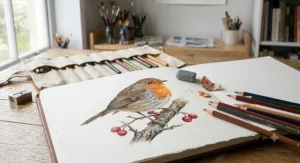 Realistic British robin drawing showing fine feather texture created with layered artists coloured pencils.
