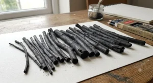 A collection of British-grown willow charcoal sticks showing natural variations in size and texture.
