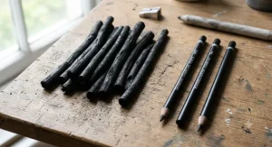 Traditional British willow charcoal sticks placed next to modern charcoal pencils for drawing.