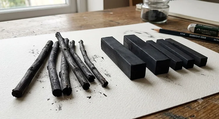 A comparison of natural willow charcoal sticks and dark compressed charcoal blocks side by side on drawing paper.