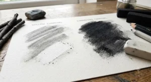 A smudge and blend comparison showing the easily erasable texture of willow charcoal versus the permanent, dark mark of compressed charcoal.