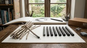 Side by side comparison of traditional British willow charcoal next to dense compressed charcoal sticks for drawing.