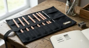 A set of cedar wood cased charcoal pencils displayed in light, medium, and dark hard grades for clean and controlled sketching.