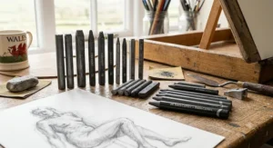 A selection of woodless graphite sticks for drawing life studies, displayed on a wooden worktop.