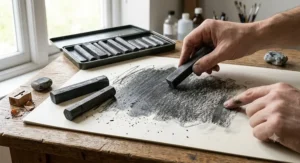 Thick chunkey woodless graphite sticks being used to create broad textured shading on cartridge paper.