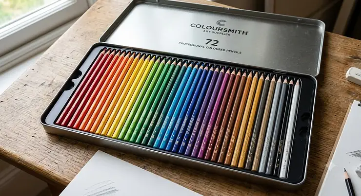 Open tin of 72 professional coloured pencils arranged in rainbow order for sketching and drawing