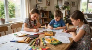 Children using affordable colouring pencils for an arts and crafts project at home