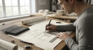 An architect using fine-tipped fineliner pens to add intricate details to a technical drawing on a drafting table.