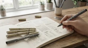 Professional artist fineliner pens used to add intricate detail to bullet journal habit trackers and calendars.