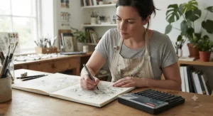 An artist using a fineliner pen set to create intricate line art in a studio.