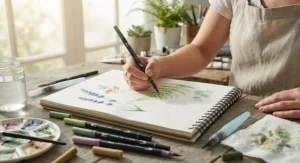 An artist using flexible tip watercolour brush pens to create a botanical illustration in a sketchbook.