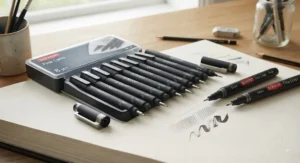Diverse nib sizes included in a fineliner pen set for artists to achieve varied line weights.