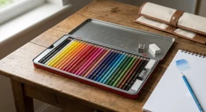 An open tin containing a 24-piece coloured pencil set for beginners.