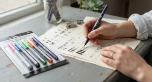 A beginner artist testing different tip sizes of brush pens for calligraphy on practice paper