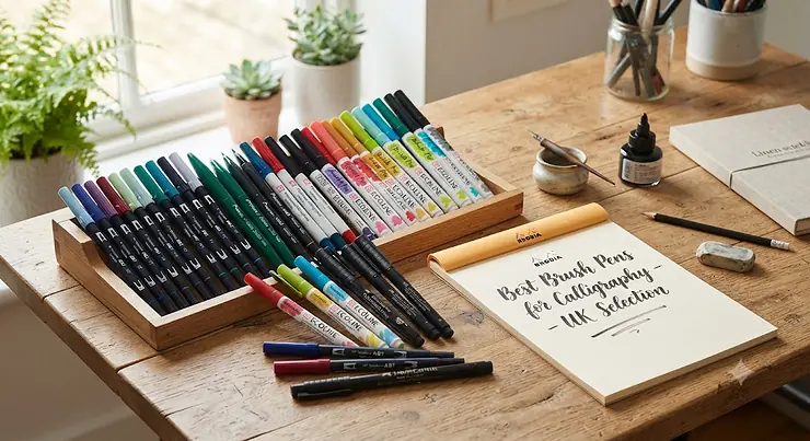 A curated collection of top-rated brush pens for calligraphy displayed on a wooden desk