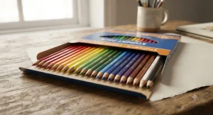 An unboxed pack of best-value cheap coloured pencils displaying a full rainbow spectrum