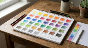 Colour swatch chart created using a beginner coloured pencil set.