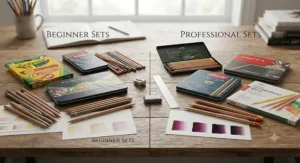 A flat-lay setup showing a range of coloured pencil brands suitable for beginners compared to professional artist sets.