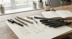 A selection of the best fineliner pens for bullet journaling, showcasing various tip sizes on paper.
