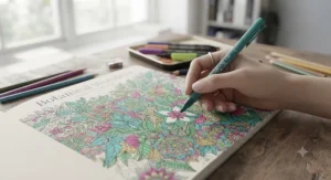 Detailed adult colouring book page being filled in with precise, vibrant fineliner pens.