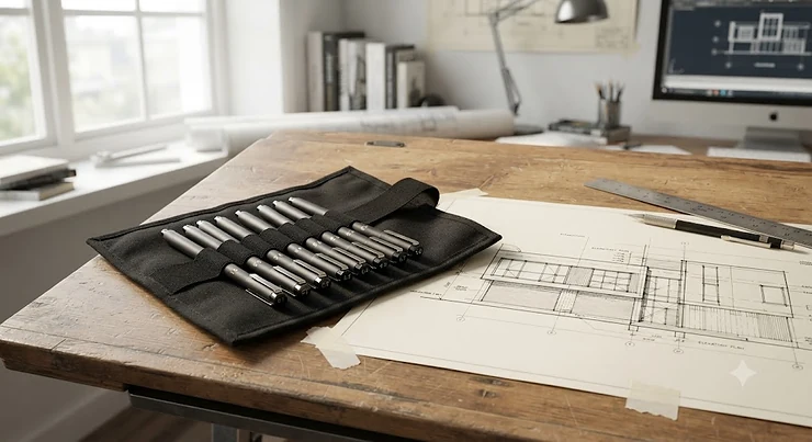 Set of professional-grade fineliner pens on a drafting table, ideal for detailed technical drawing and architectural sketches.