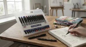 Budget-friendly fineliner pen set in a protective case, recommended for GCSE and A-level art students.