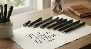 A set of high-quality waterproof fineliner pens arranged for calligraphy and lettering