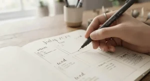 Close-up of fine tip black fineliner pens used for writing and drawing layouts in a bullet journal.