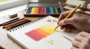 Close-up illustration of blending smooth vibrant shades with a beginner coloured pencil set.