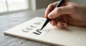 Close-up of brush pen calligraphy strokes demonstrating thick downstrokes and thin upstrokes