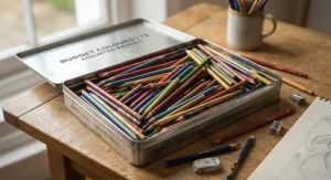 A metal tin filled with a large selection of cheap coloured pencils ready for drawing