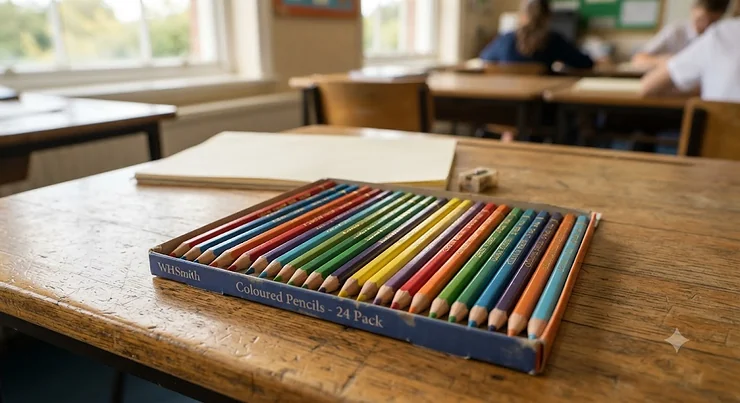 A vibrant set of cheap coloured pencils arranged neatly on a wooden school desk