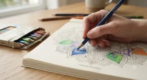 Close-up of cheap coloured pencils shading an intricate adult colouring book page