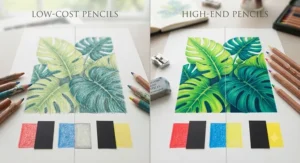 Vibrant artwork showing the difference in lightfastness and saturation between high-end and low-cost coloured pencils.