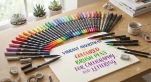 A vibrant assortment of coloured brush pens for calligraphy projects and creative journaling