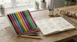 An assortment of colourful fineliner pens displayed on a desk, used for colour-coding bullet journal spreads.