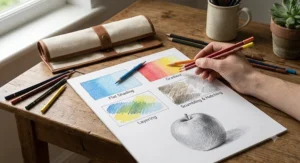 Step-by-step shading and blending demonstration with beginner coloured pencils.