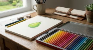 Beginner coloured pencil set resting alongside a heavyweight cartridge paper sketch pad.