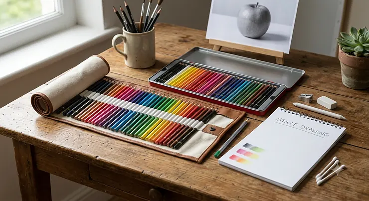 A complete coloured pencil set for beginners laid out on a wooden drawing desk.