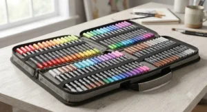 Complete dual tip brush pens set displayed neatly in its portable organiser storage case