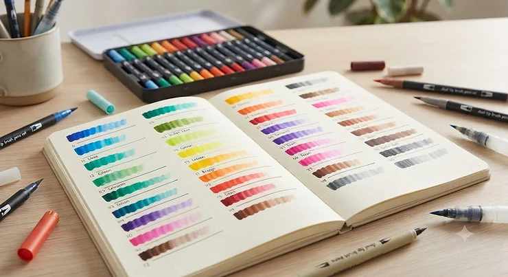 Dual tip brush pens set showing vibrant colour swatches tested on dotted paper for bullet journaling