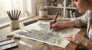 Durable waterproof fineliner pens used to create complex pen and ink illustrations