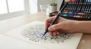 Close-up of the fine tip on a dual tip brush pens set being used for intricate adult colouring book details