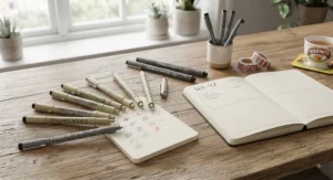 A variety of fine tip fineliner pens alongside a notebook, essential stationery for UK bullet journal hobbyists.
