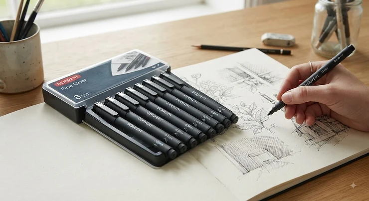 A comprehensive fineliner pen set for artists featuring various nib sizes laid out on a sketchbook.